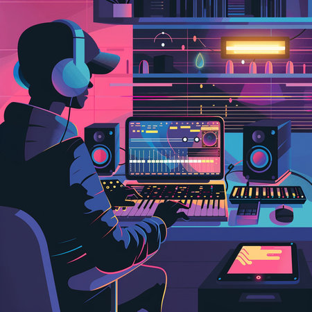 Sound recording studio. Vector illustration in flat style. Man in headphones playing on a computer.の素材