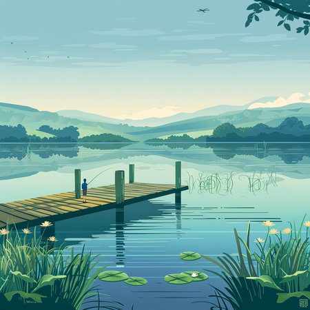 Lonely fisherman on a wooden pier at the lake. Vector illustrationの素材