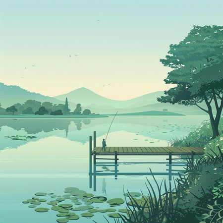 Landscape with lake and wooden pier. Vector illustration. EPS10の素材
