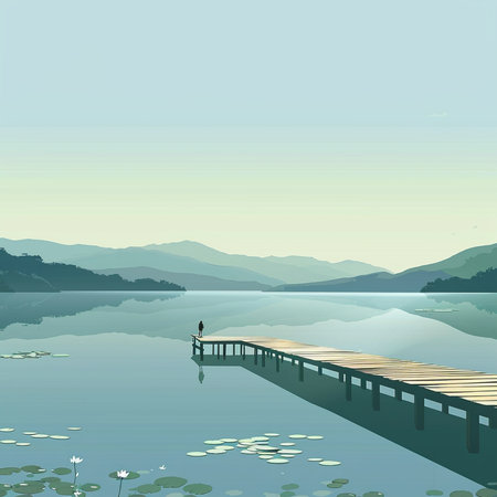 Vector illustration of a wooden pier on a lake in the mountains.の素材