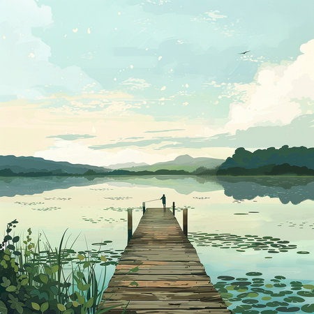 Wooden pier on the lake, vector illustration. Nature background.の素材