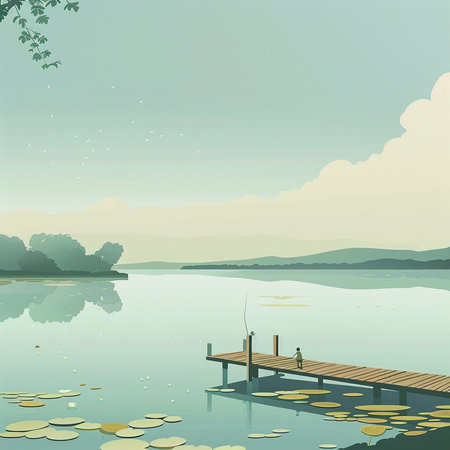 Illustration of a wooden pier in the middle of a lake.の素材