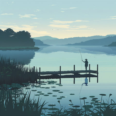 Fisherman on a wooden pier on the lake. Vector illustration.の素材