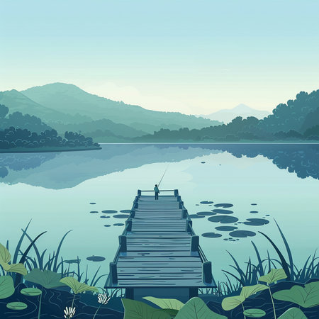 Fishing pier on the lake in the mountains. Vector illustration.の素材