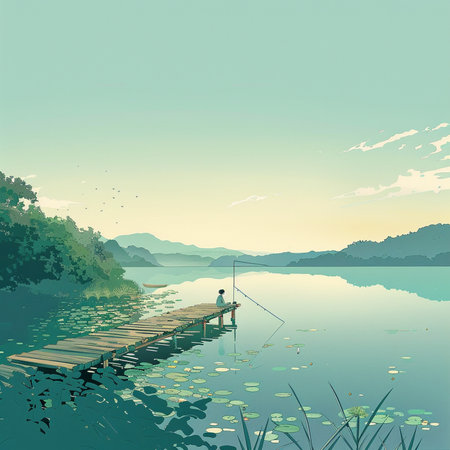 Fisherman on the wooden pier in the lake. Vector illustration.の素材