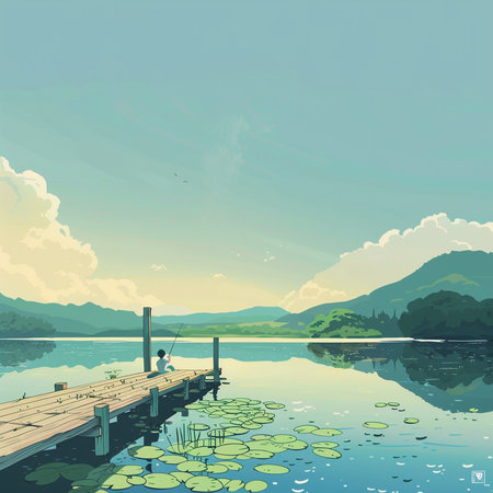 Fisherman fishing on the lake in the mountains. Vector illustrationの素材