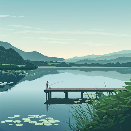 Fisherman on a pier at the lake. Vector illustration.の素材