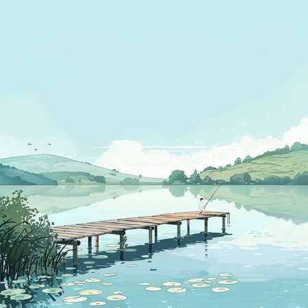 Illustration of a wooden pier on a lake in the mountains.の素材