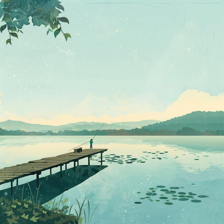 Fisherman on a wooden pier on the lake. Vector illustrationの素材