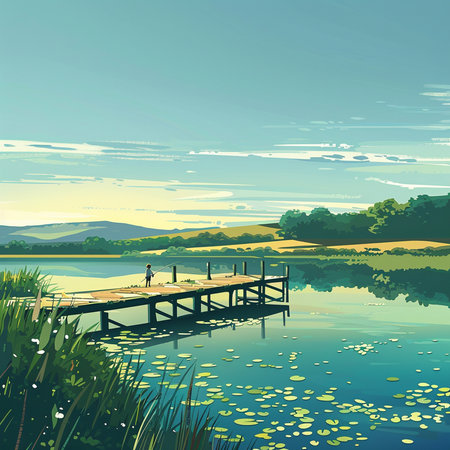 Wooden pier on the lake in the morning. Vector illustration.の素材