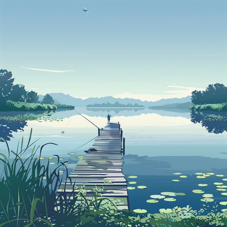 Wooden pier on the lake with lily pads. Vector illustrationの素材