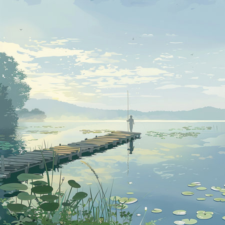 Fisherman on the pier in the lake. Vector illustration.の素材