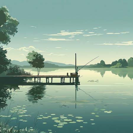 Illustration of a lake with a fishing rod in the foreground.の素材