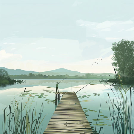 Illustration of a wooden pier leading to a lake in the countrysideの素材