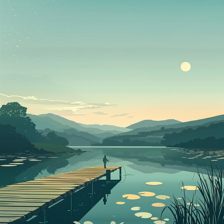 Landscape of mountain and lake with wooden pier, vector illustration.の素材