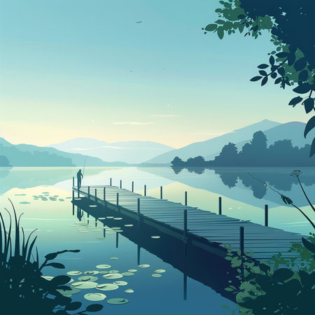 Wooden pier on the lake with mountains in the background, vector illustrationの素材