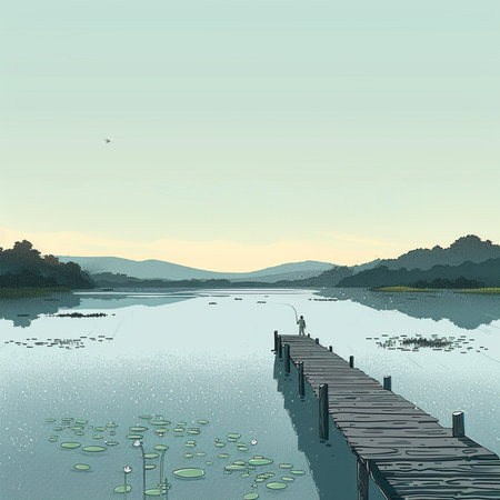 Wooden pier on the lake in the morning, vector illustration.の素材