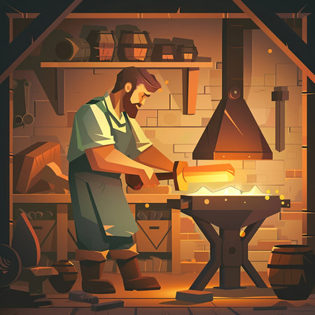 Blacksmith working on a blacksmith's forge. Vector illustrationの素材