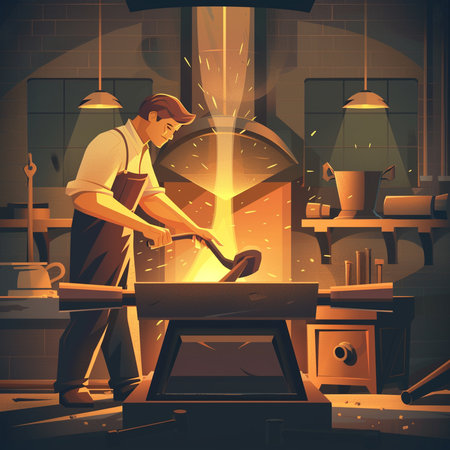 Illustration of a man working in a forge. Retro styles.の素材