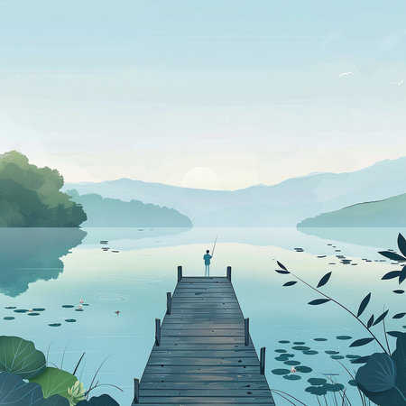 Landscape with a wooden pier on the lake. Vector illustration.の素材