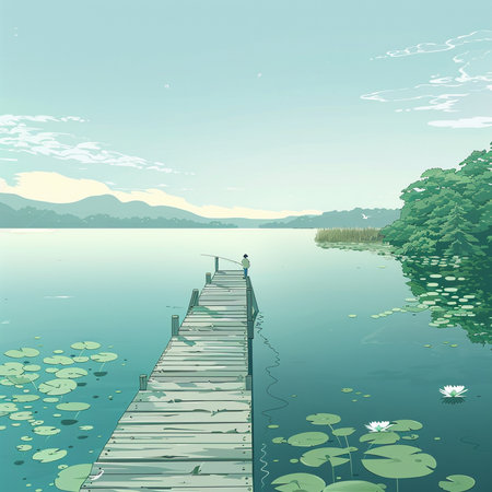 Wooden pier on the lake. Vector illustration of a summer landscape.の素材