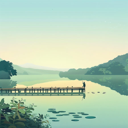 Fisherman on a wooden pier at the lake. Vector illustrationの素材