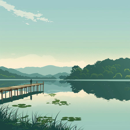 Wooden bridge over the lake and mountain landscape. Vector illustration.の素材