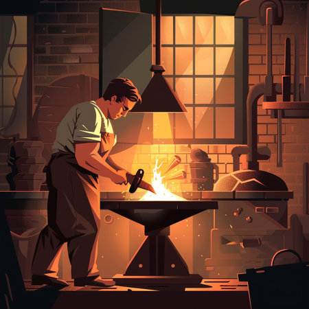 Professional blacksmith working on forge. Vector illustration in cartoon style.の素材