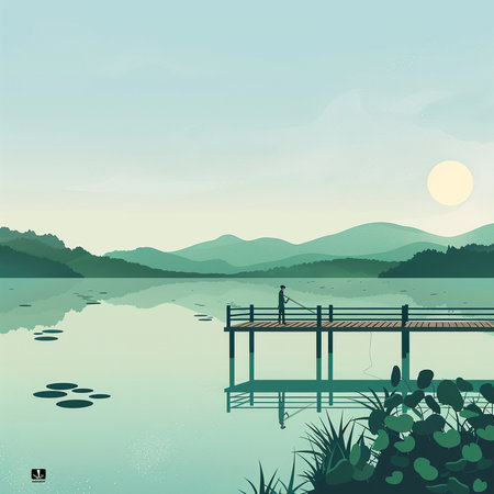 Landscape with lake, mountains and wooden bridge. Vector illustration.の素材