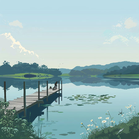 Wooden pier on the lake. Vector illustration for your design.の素材
