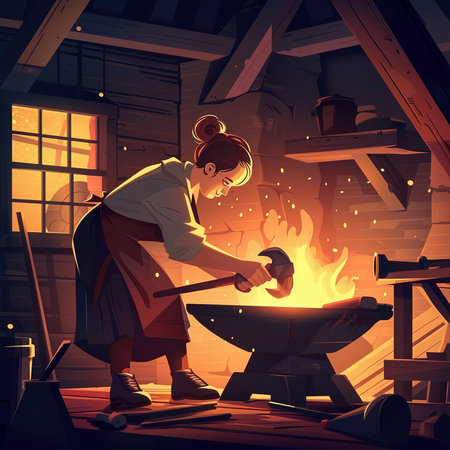 Female blacksmith making a horseshoe on anvil, vector illustrationの素材