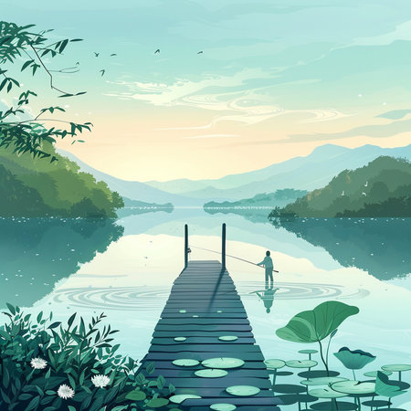 Wooden bridge over the lake in the morning. Vector illustration.の素材
