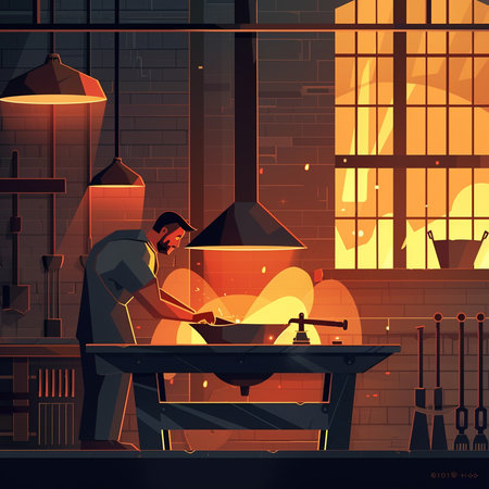 Graphic illustration of a blacksmith working in a night shop.の素材