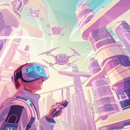 A man in virtual reality glasses and a quadcopter. Vector illustrationの素材