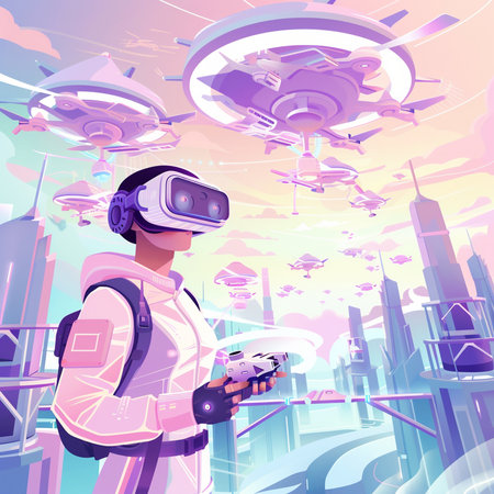 Vector illustration of man in virtual reality helmet and flying saucers.の素材
