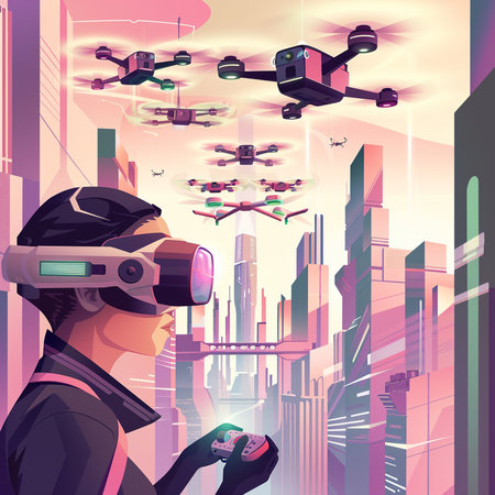 Drone quadcopter flying in the city. Vector illustration.の素材