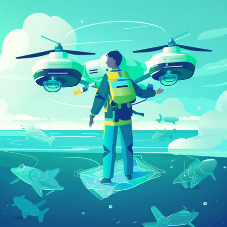 Cartoon vector illustration of a man standing on the seashore and looking at the helicopter.の素材