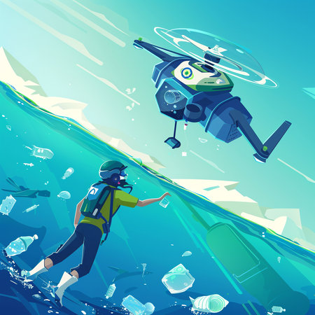 Helicopter diving in the ocean. Vector illustration in flat style.の素材