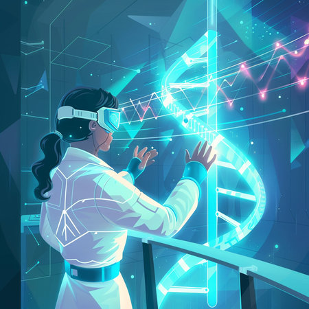 Scientist in virtual reality headset touching DNA molecule. Future technology concept. Vector illustrationの素材