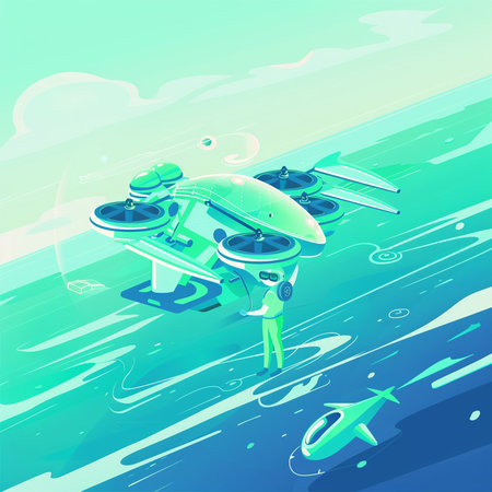 Vector illustration of a drone flying over the sea. Cartoon style.の素材