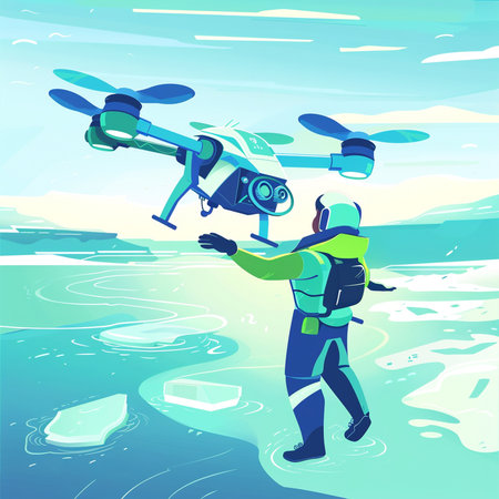 Drone flying on ice. Vector illustration in flat cartoon style.の素材