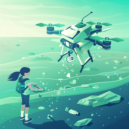 Drone flying above the sea. Vector illustration in cartoon style.の素材