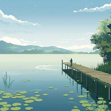 Wooden pier on the lake with a fishing rod. Vector illustration.の素材