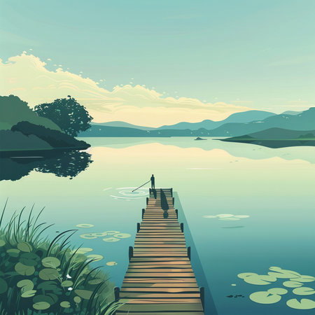 Wooden pier on the lake with mountains in the background, vector illustrationの素材