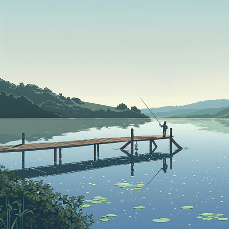 Fisherman with fishing rod on the lake. Vector illustration.の素材