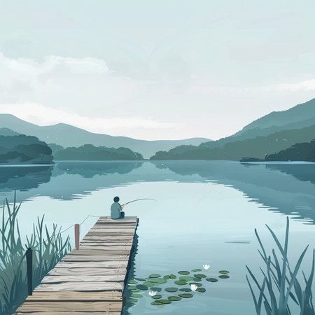 Fisherman sitting on a wooden pier on the lake, vector illustrationの素材