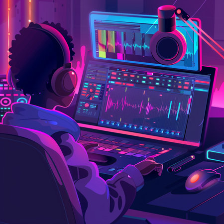 Sound recording studio with dj equipment. Vector illustration in neon style.の素材