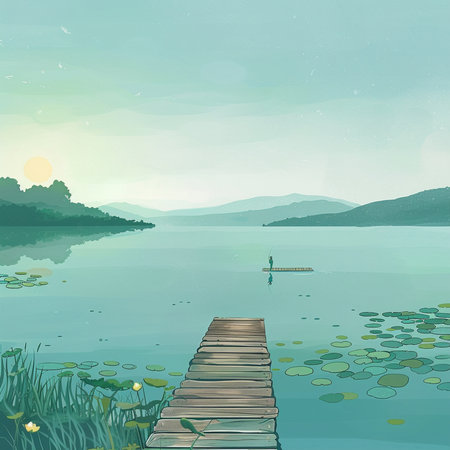 Wooden pier on a lake in the mountains. Vector illustration.の素材