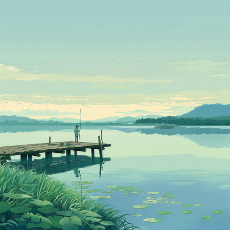 Fisherman on wooden pier in the lake. Vector illustration.の素材