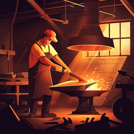 Blacksmith in a blacksmith's workshop. Vector illustration.の素材